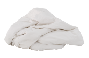 White crumpled blanket or bedclothes in hotel room leaved untidy and dirty after guest's use over night isolated with clipping path in png file format