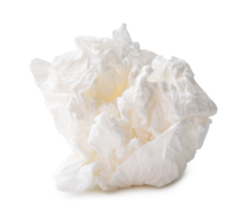 Front view of single screwed or crumpled tissue paper or napkin in strange shape after use in toilet or restroom isolated with clipping path and shadow in png file format