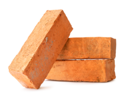 Cracked old red or orange bricks in stack isolated with clipping path and shadow in png file format