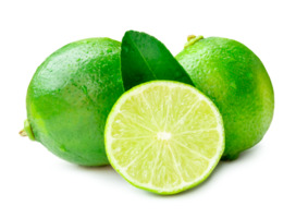 Front view of green lemon fruits with half and leaf isolated with clipping path and shadow in png file format