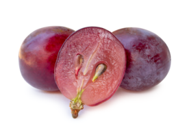 Front view of fresh red grapes with half in stack isolated with clipping path and shadow in png file format