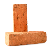 Front view of old cracked red or orange bricks in stack isolated with clipping path and shadow in png file format