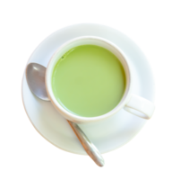 oben Aussicht von heiß kondensiert Milch Matcha Grün Tee serviert im Weiß Tasse und klein Teller mit klein Tee Löffel isoliert mit Ausschnitt Pfad im png Datei Format