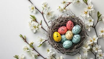 AI generated Easter Basket Filled with Colorful Eggs and Spring Decorations photo