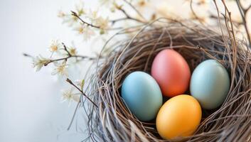 AI generated Easter Basket Filled with Colorful Eggs and Spring Decorations photo