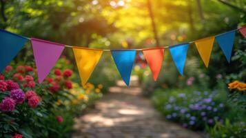 AI generated Birthday fest garlands from colorful triangular flags on blue background photo