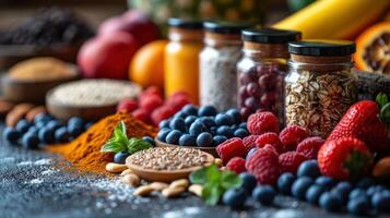 AI generated Colorful fresh and healthy fruits and berries, featuring strawberries, blueberries, apples, grapes, and raspberries on table. photo