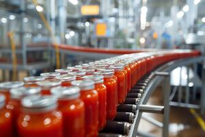 ai generado tomate jugo en botellas en el transportador cinturón en el fábrica. foto