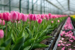 ai generado vibrante tulipanes floreciente en comercial invernadero con ai generado. foto