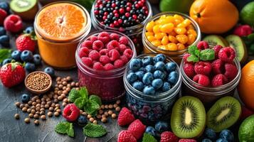 AI generated Colorful fresh and healthy fruits and berries, featuring strawberries, blueberries, apples, grapes, and raspberries on table. photo