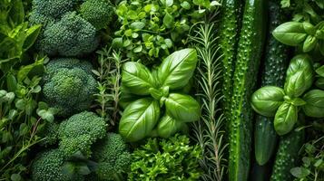 ai generado Fresco y sano vegetales en jardín y mercado.guisantes, repollo, brócoli, lechuga, espinaca, y col rizada. foto