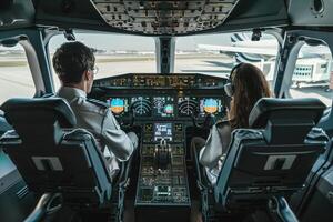 ai generado pilotos en cabina preparando para noche vuelo. foto