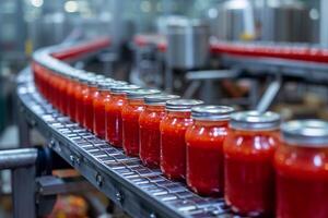 ai generado tomate jugo en botellas en el transportador cinturón en el fábrica. foto