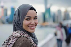 AI generated Portrait of a beautiful young muslim woman wearing headscarf and smiling. photo