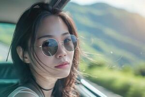 AI generated Woman Enjoying Road Trip with Mountain View. photo
