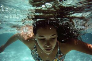 AI generated Underwater Portrait of Young Female Swimmer. photo