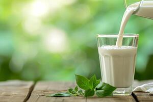 AI generated Pouring Fresh Milk into Glass Outdoors. photo