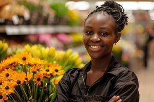 ai generado sonriente florista en flor tienda con ramos de flores foto