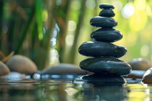 AI generated Spa stones and bamboo on green background. photo