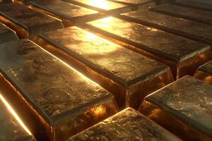 AI generated Stack of Gold Bars Glowing in Light photo