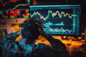 AI generated Rear view of man looking at computer monitor with stock market data. photo