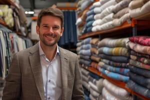 AI generated Friendly Male Shop Owner in Fabric Store. photo