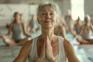 AI generated Elderly woman practicing yoga in the studio with her friends. photo