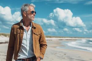 ai generado retrato de mayor hombre con Gafas de sol en el playa a soleado día. foto