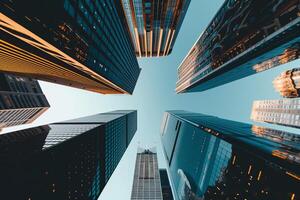 AI generated low angle view of modern skyscrapers. photo