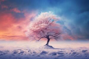 AI generated Winter landscape with snow covered tree. photo