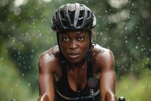 AI generated Determined Cyclist Training in the Rain with AI generated. photo