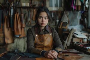 AI generated Artisan Crafting Leather in Workshop with AI generated. photo