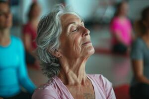 AI generated Elderly woman practicing yoga in the studio with her friends. photo