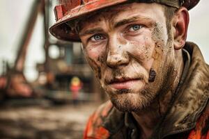 ai generado cansado petróleo plataforma trabajador cubierto en barro con ai generado. foto