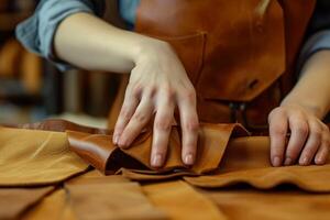 AI generated Close up of a female shoemaker working in a leather workshop. photo