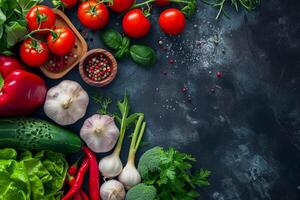 AI generated Fresh Assorted Vegetables on Dark Slate. photo