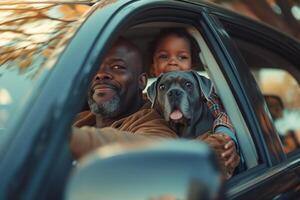 AI generated Family Road Trip with Pet Dog in Vehicle. photo