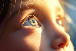 AI generated Close up focus on the eye of a child looking up under the sun photo