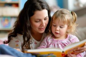 AI generated Mother and Toddler Enjoying Bedtime Story. photo