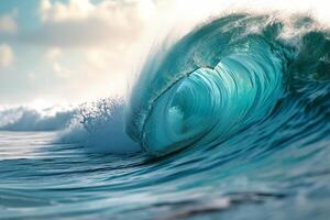 ai generado azul Oceano ola con blanco espuma y azul cielo. foto