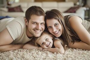 ai generado contento familia disfrutando hora juntos a hogar con ai generado. foto