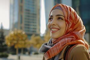 AI generated Portrait of a beautiful young muslim woman wearing headscarf and smiling. photo