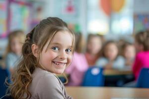 AI generated Portrait of cute little girl looking up in classroom at elementary school. photo