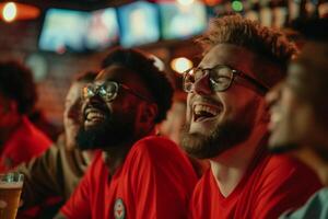 ai generado emocionado amigos acecho Deportes juego en un bar con ai generado. foto