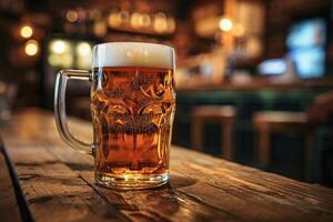 AI generated Glass of beer on a wooden table in a pub. photo