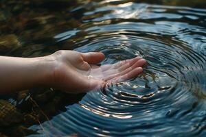 AI generated Woman's hand holding a drop of water on the background of the sea photo