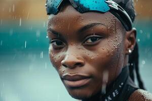 AI generated Close up portrait of a young african american woman under rain. photo