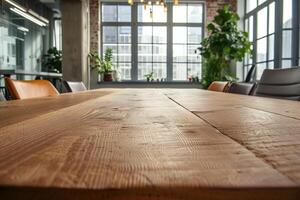 AI generated Empty wooden table in a modern office space. photo