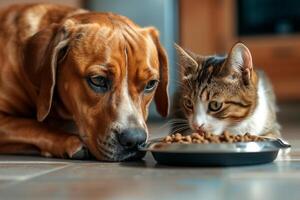 AI generated Cute dog and cat with bowl of tasty dog food at home. photo