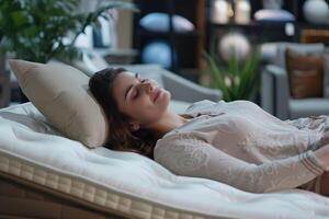 AI generated Woman Testing Mattress Comfort in Showroom. photo